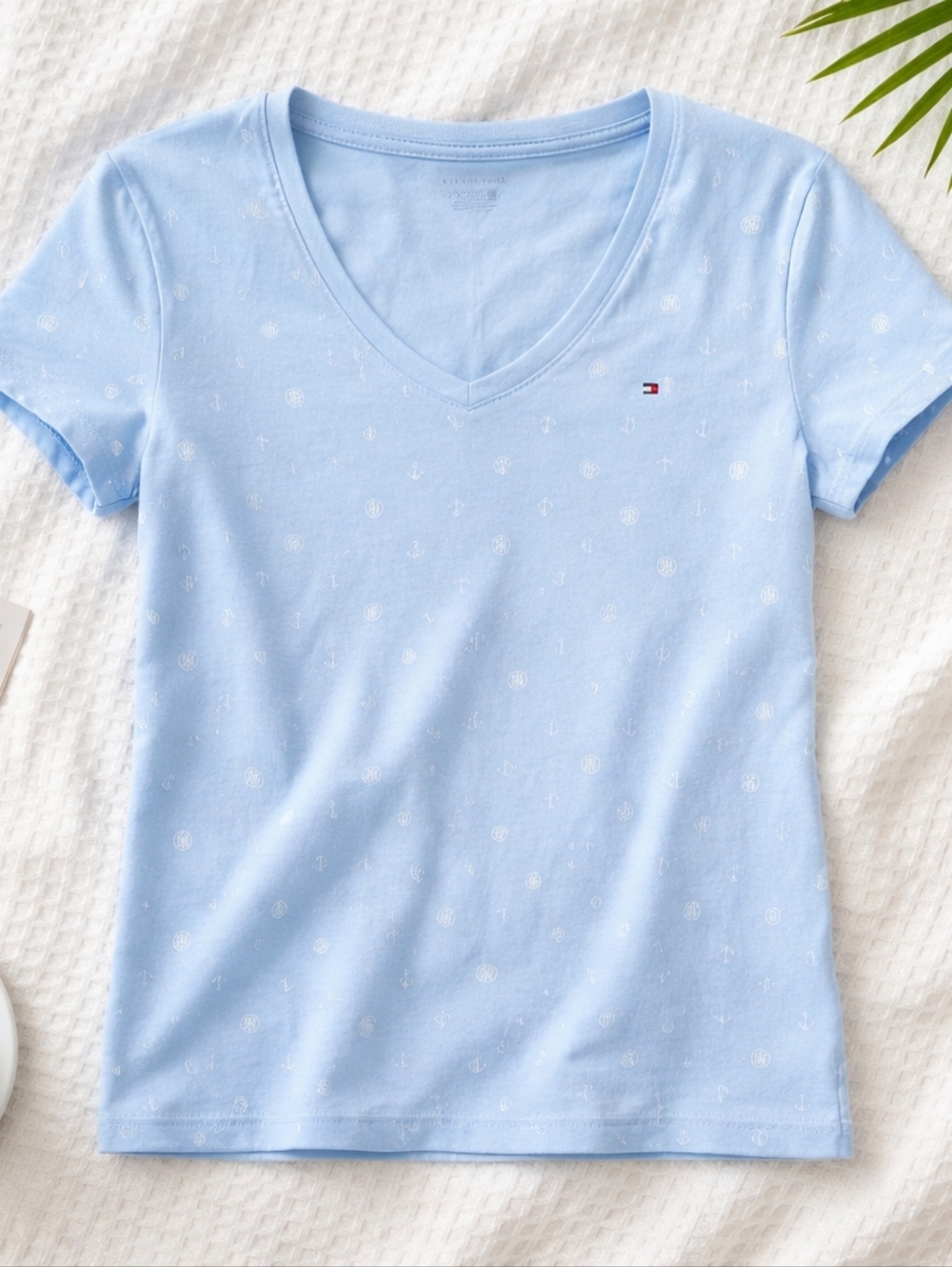 Tommy Hilfiger Light Blue V-Neck Short Sleeve Tee with Micro  Anchor Motif